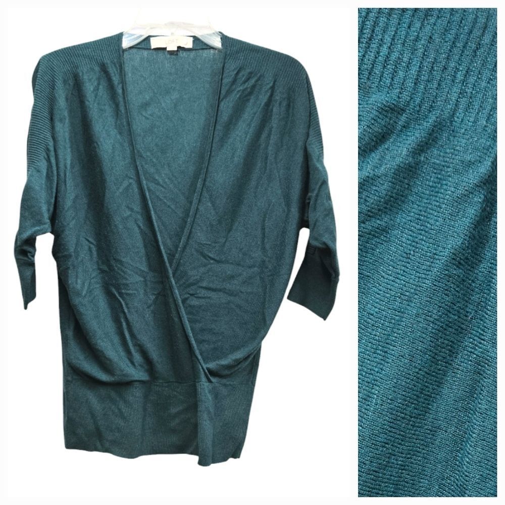 LOFT Teal Surplice Sweater Medium Wool Blend Faux Wrap 3/4 Sleeve Work Top - Picture 2 of 10
